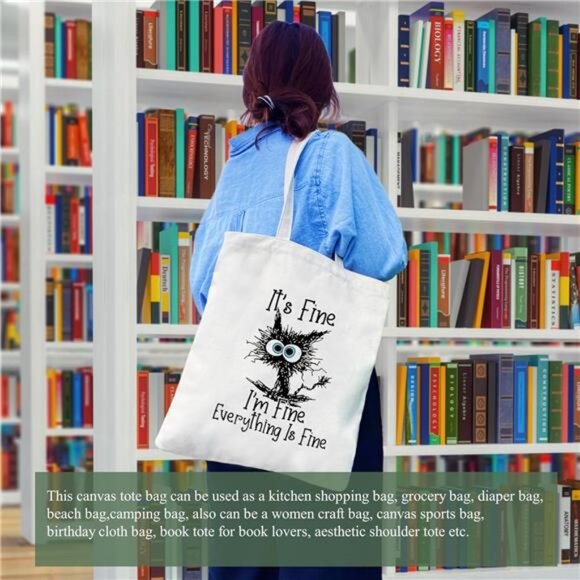 Canvas Tote Bag for Women Aesthetic Cute Cat Shopping Grocery Reusable Bag - Picture 4 of 7